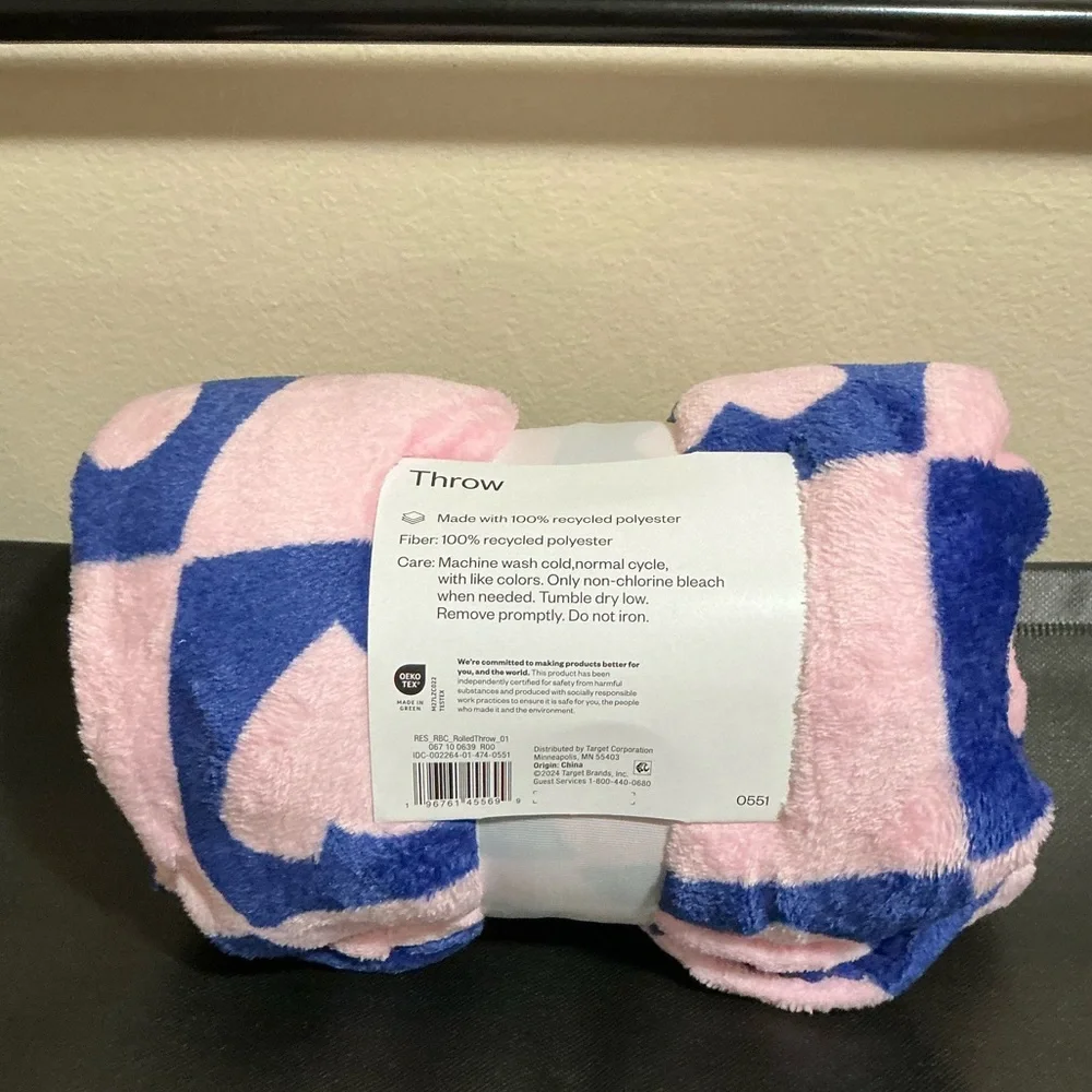 Room Essentials Purple & Pink Checkered with Pink Hearts Throw Blanket